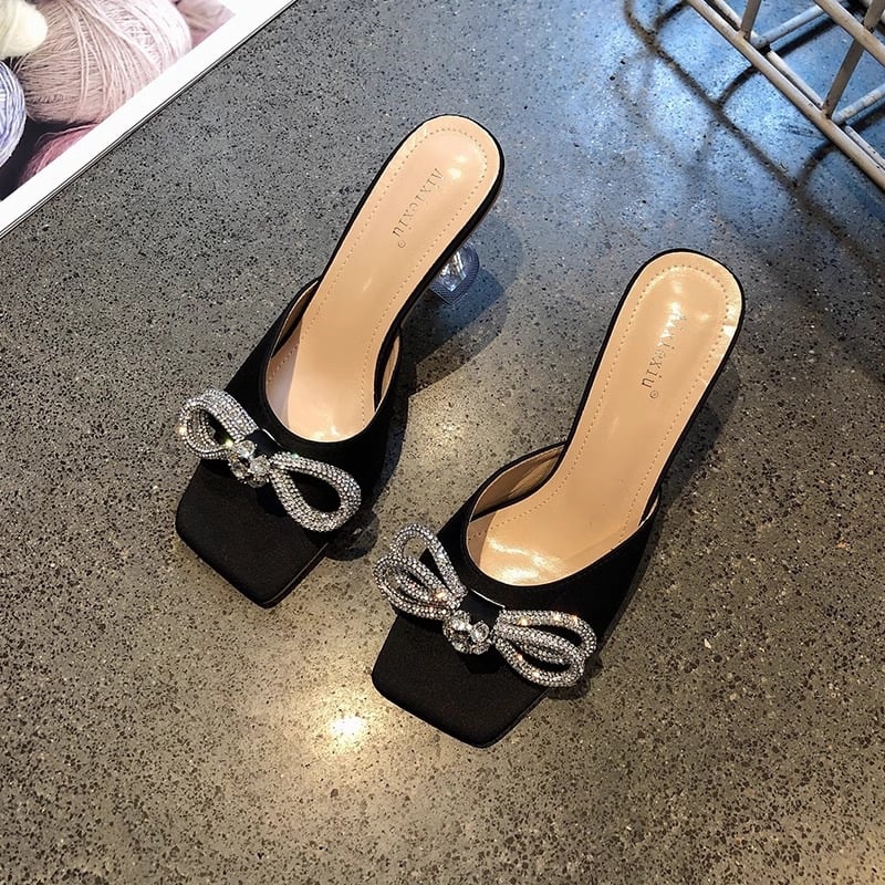 Ženske sandale s rhinestones i satenskom mašnicom — kvadratni nos, tanak pet, PU gornji materijal, PU unutarnji materijal, gumeni potplat