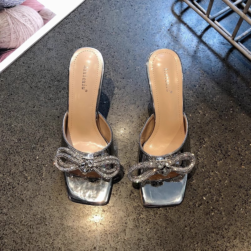 Ženske sandale s rhinestones i satenskom mašnicom — kvadratni nos, tanak pet, PU gornji materijal, PU unutarnji materijal, gumeni potplat