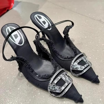 Sandale s oštrim vrhom i logom, otvorenim zadnjim dijelom, pet 3–6 cm, gornji materijal: super vlakno, unutarnji materijal: sintetička koža, potplat: guma