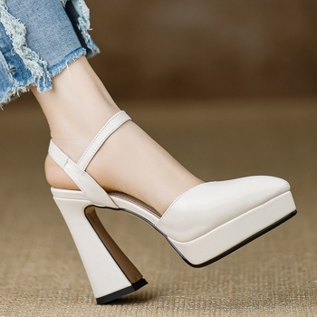 Sandale cu o curea, vârf ascuțit, toc gros, PU pe partea superioară, talpă din cauciuc, primăvara 2025