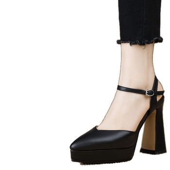 Sandale cu o curea, vârf ascuțit, toc gros, PU pe partea superioară, talpă din cauciuc, primăvara 2025