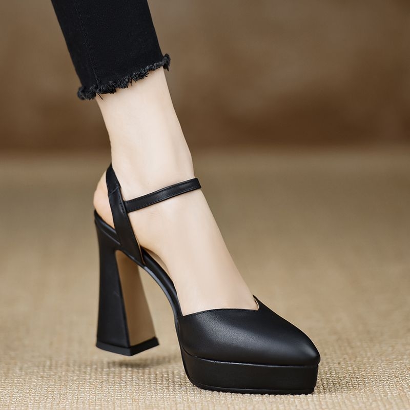 Sandale cu o curea, vârf ascuțit, toc gros, PU pe partea superioară, talpă din cauciuc, primăvara 2025