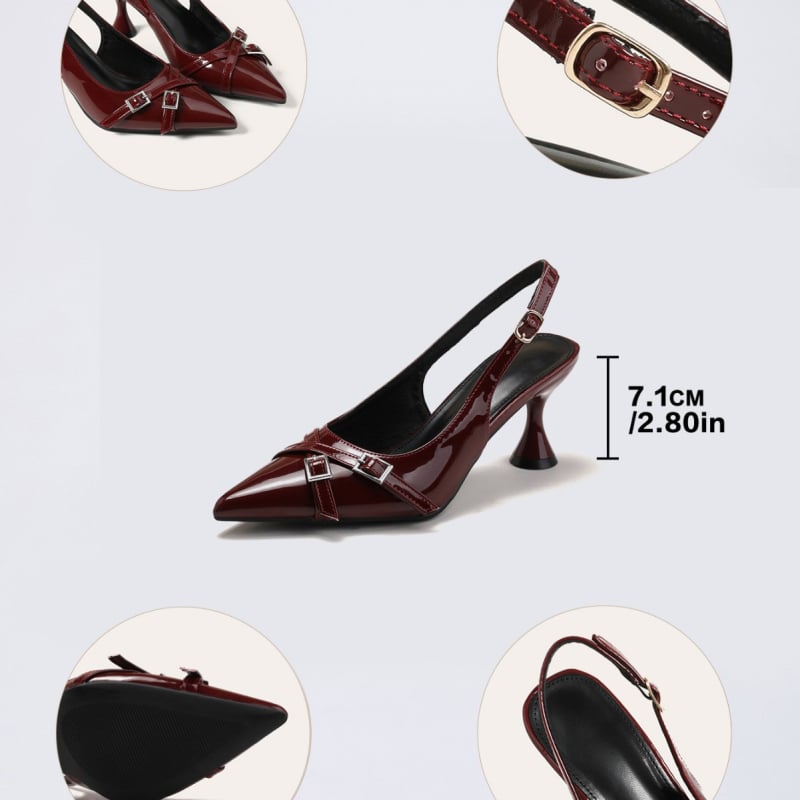 Sandale s jednim remenom, šiljat nos, visina pete 6–8 cm, peta u obliku čaše vina, gornji dio PU