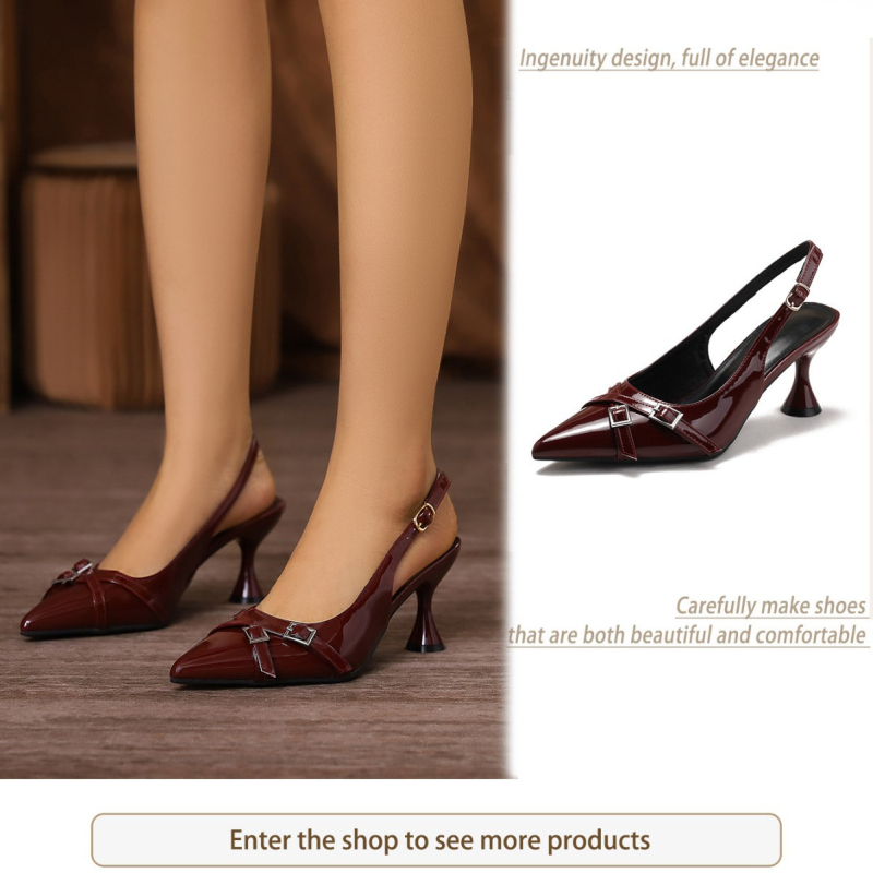 Sandale s jednim remenom, šiljat nos, visina pete 6–8 cm, peta u obliku čaše vina, gornji dio PU