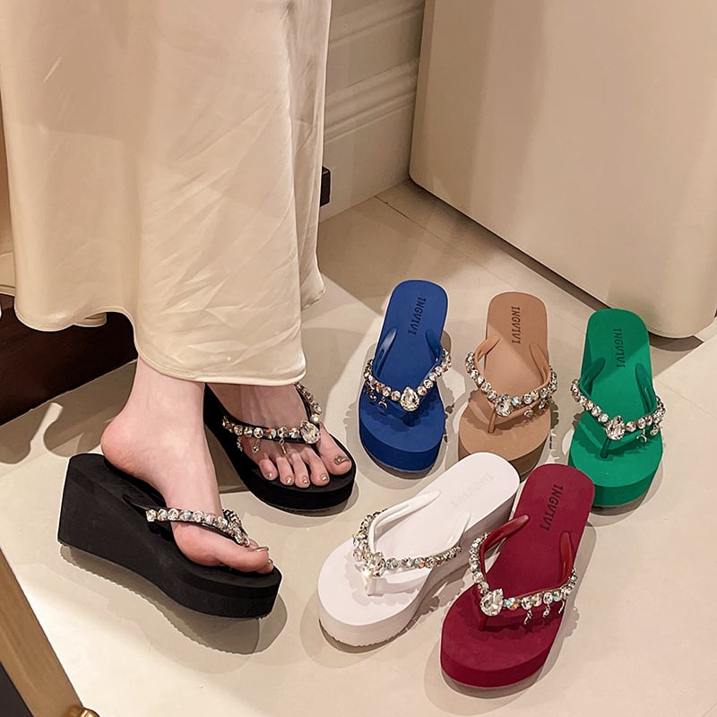 Ženske flip-flop sandale s visokim podešcima i privjescem s kristalima na lancu, debela potplat, EVA gornji dio, TPR potplat, zaobljeni vrh, ljeto 2024