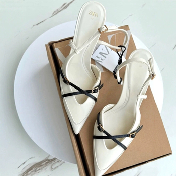 Női lakk bőrből készült magassarkú cipő, hegyes orrú, keresztpántos csatokkal, vékony sarok 6–8 cm