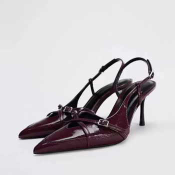 Női nyitott sarkú papucs PU felsőrésszel, egyvonalas csattal, 6–8 cm magas sarkú, gumi talp