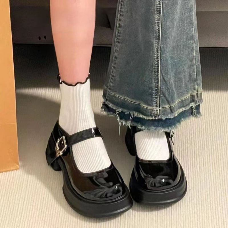 Női Mary Jane cipő, kerek orrú, PU felsőrész, 8 cm-nél magasabb vastag sarkú, gumi talp, Koreai stílus