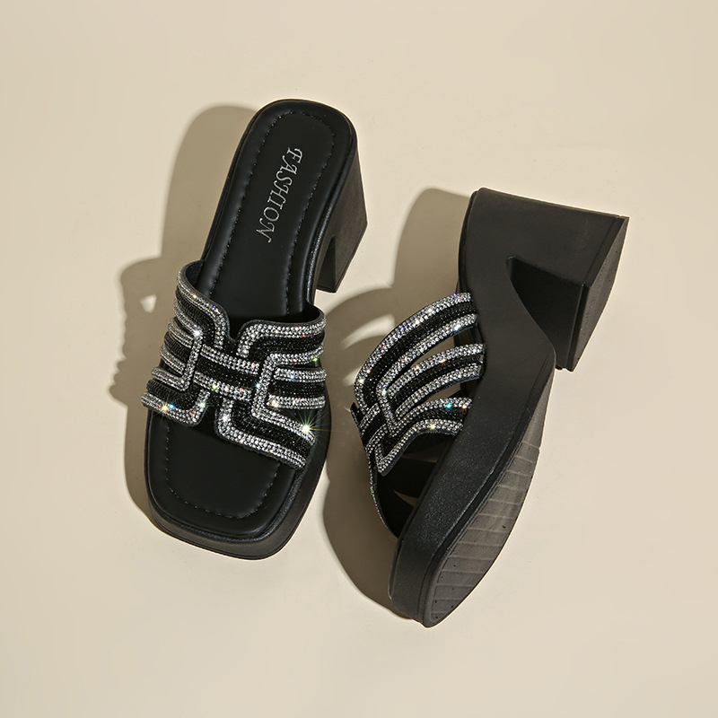 Női magas sarkú cipő négyzetes orral, fényes, vastag talppal, vízálló platforma, PU felsőrész, 8 cm+ sarok