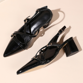 Ženske visoke pete s špicastim nosom, debeli potpetice, francuski stil, visina potpetice 3–6 cm, gumeni potplat