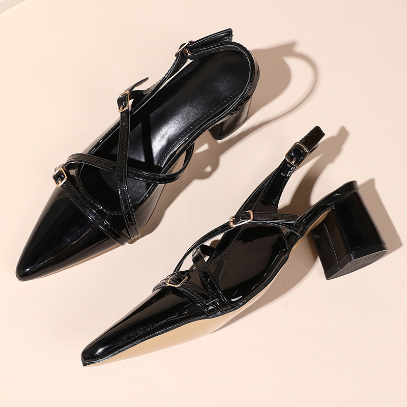 Ženske visoke pete s špicastim nosom, debeli potpetice, francuski stil, visina potpetice 3–6 cm, gumeni potplat
