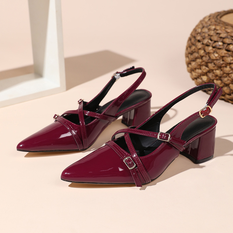 Ženske visoke pete s špicastim nosom, debeli potpetice, francuski stil, visina potpetice 3–6 cm, gumeni potplat