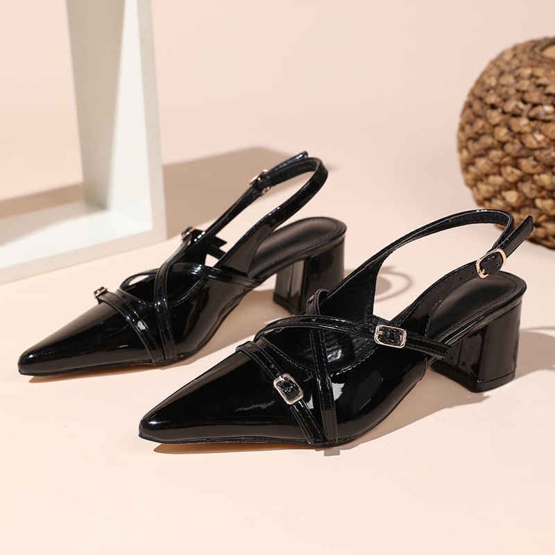 Ženske visoke pete s špicastim nosom, debeli potpetice, francuski stil, visina potpetice 3–6 cm, gumeni potplat