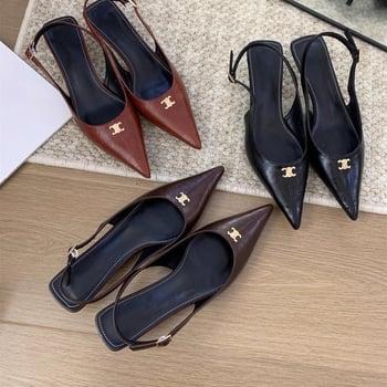 Női egypántos szandálok, hegyes orr, vékony sarka, PU felsőrész, gumi talp, középső sarok 3-6 cm, csat