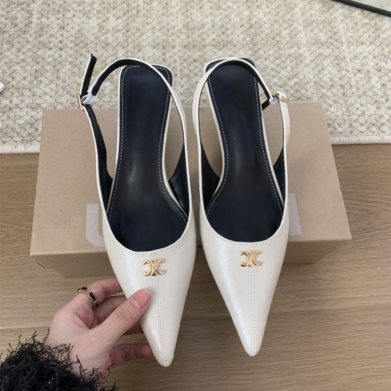 Női egypántos szandálok, hegyes orr, vékony sarka, PU felsőrész, gumi talp, középső sarok 3-6 cm, csat