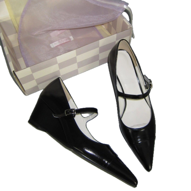 Pravé kožené Mary Jane topánky s ostrým nosom, francúzsky štýl, klinové podpätky s prackou