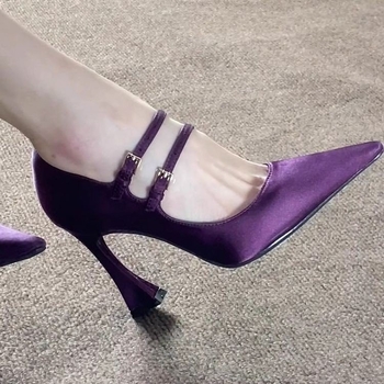 Női magassarkú cipő – kerek orr, PU felsőrész, Slip-on, csíkos mintázat, 8 cm feletti sarok, gumi talp