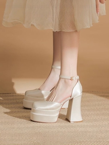 Sandále s jedným remienkom, okrúhla špička, kórejský štýl, gumená podrážka, bez podšívky, štvorcový podpätok nad 8 cm, leto 2025