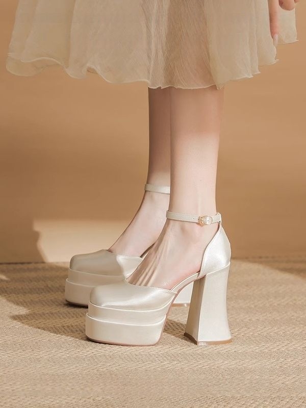 Sandále s jedným remienkom, okrúhla špička, kórejský štýl, gumená podrážka, bez podšívky, štvorcový podpätok nad 8 cm, leto 2025