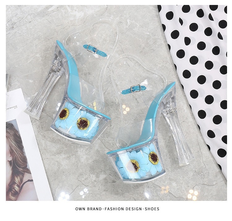 Római szandál napraforgó kristály díszítéssel, átlátszó felső rész, PU anyagú, gumírozott talp, csatával záródó, halacskás orr