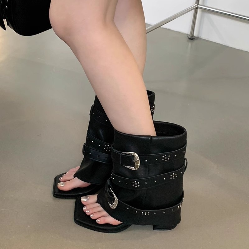Sandále v rímskom štýle s hranatým nosom, retro dizajn, PU vrchný diel, gumová podrážka, hrubý podpätok 3–6 cm