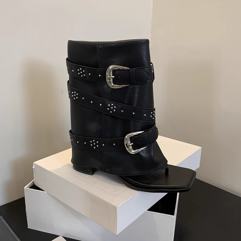 Sandále v rímskom štýle s hranatým nosom, retro dizajn, PU vrchný diel, gumová podrážka, hrubý podpätok 3–6 cm