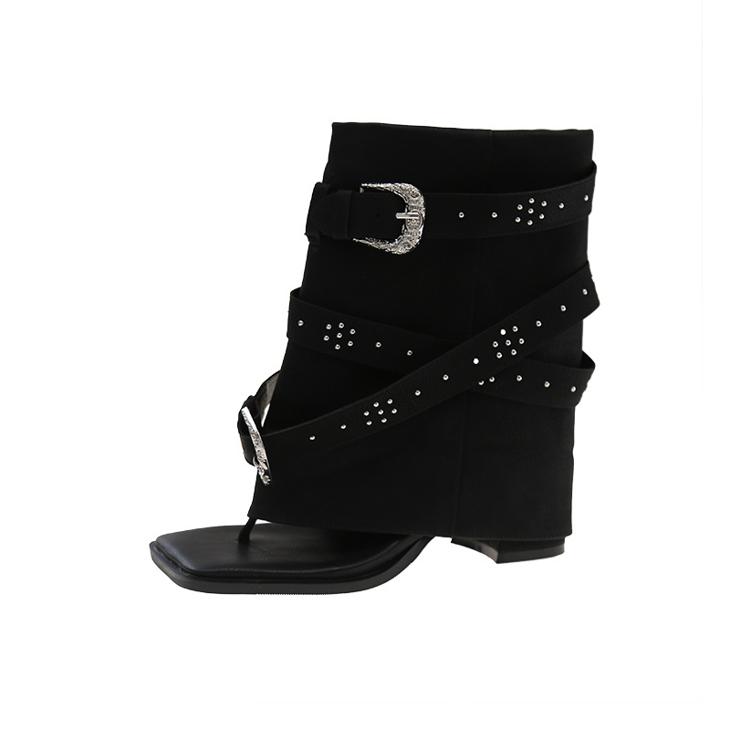 Sandále v rímskom štýle s hranatým nosom, retro dizajn, PU vrchný diel, gumová podrážka, hrubý podpätok 3–6 cm