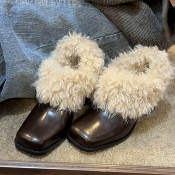 Ženske loafers od teleće kože s vunenom podstavom, kvadratni vrh, visina potpetice 6–8 cm, zimski vintage stil