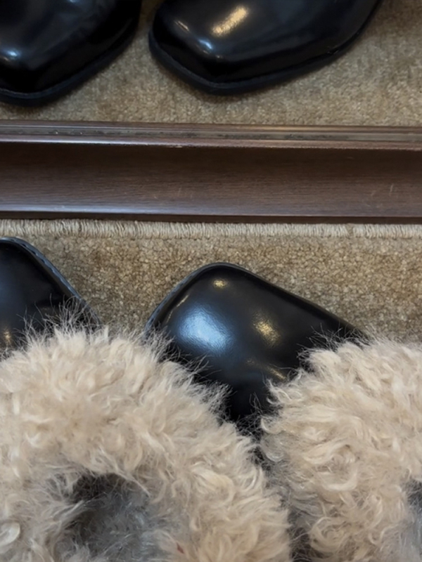 Ženske loafers od teleće kože s vunenom podstavom, kvadratni vrh, visina potpetice 6–8 cm, zimski vintage stil