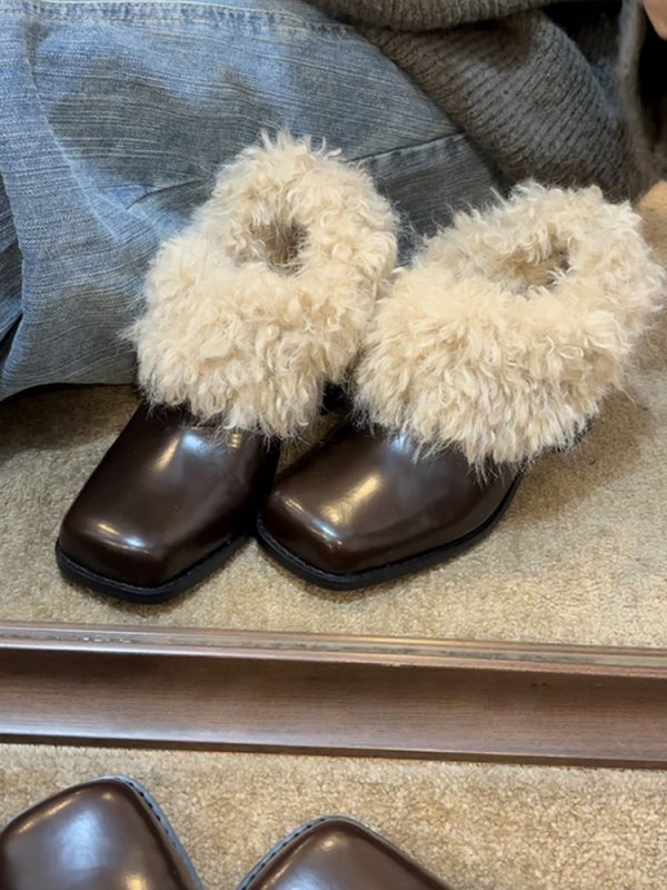 Ženske loafers od teleće kože s vunenom podstavom, kvadratni vrh, visina potpetice 6–8 cm, zimski vintage stil