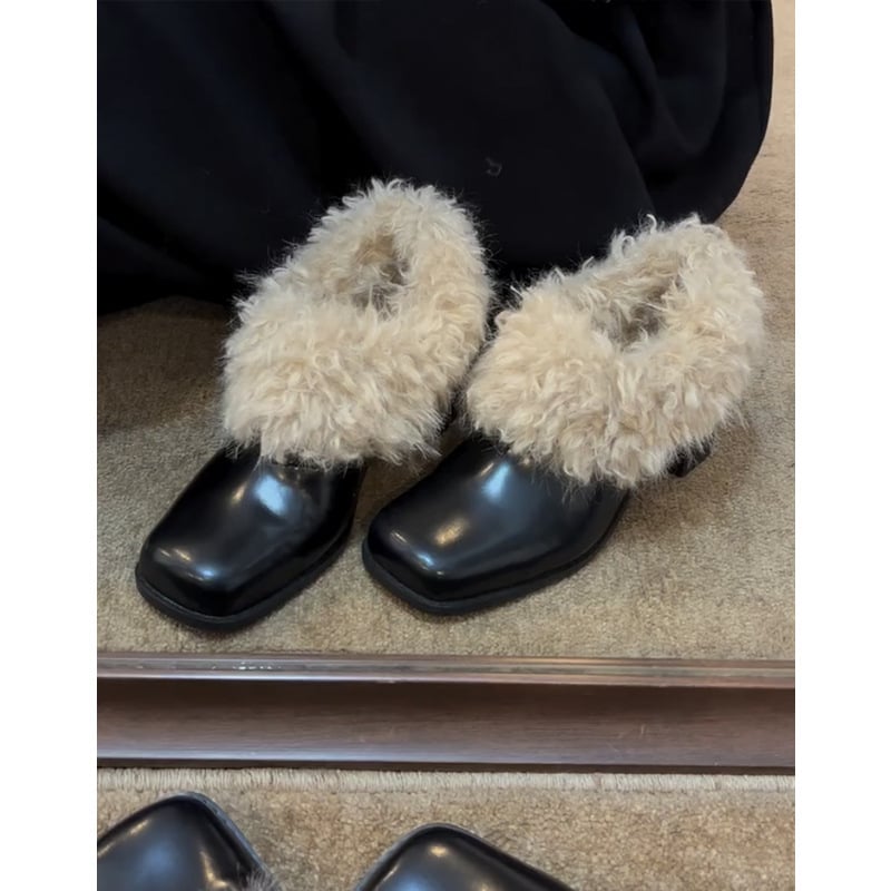 Ženske loafers od teleće kože s vunenom podstavom, kvadratni vrh, visina potpetice 6–8 cm, zimski vintage stil