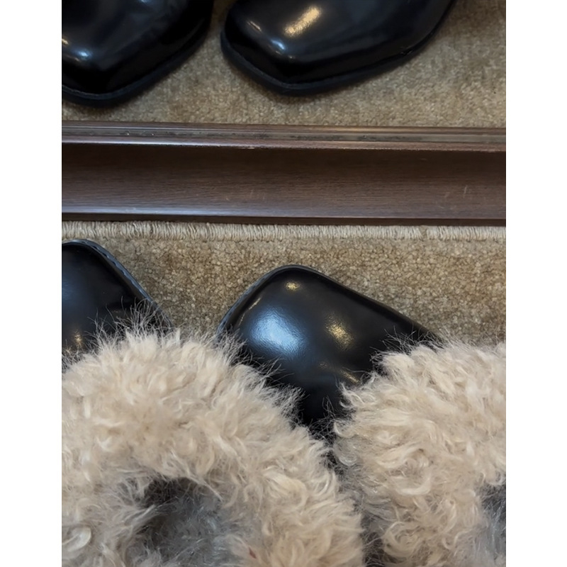 Ženske loafers od teleće kože s vunenom podstavom, kvadratni vrh, visina potpetice 6–8 cm, zimski vintage stil