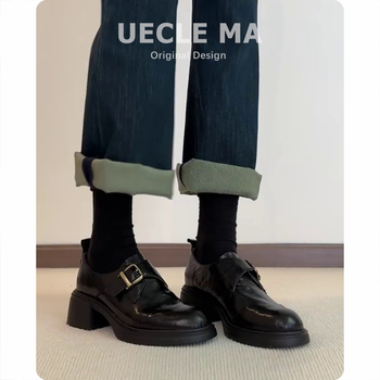 Ženske mokasine – prava koža, zaobljeni vrh prsta, debeli pet 3–5 cm, gumena potplat, korejski stil