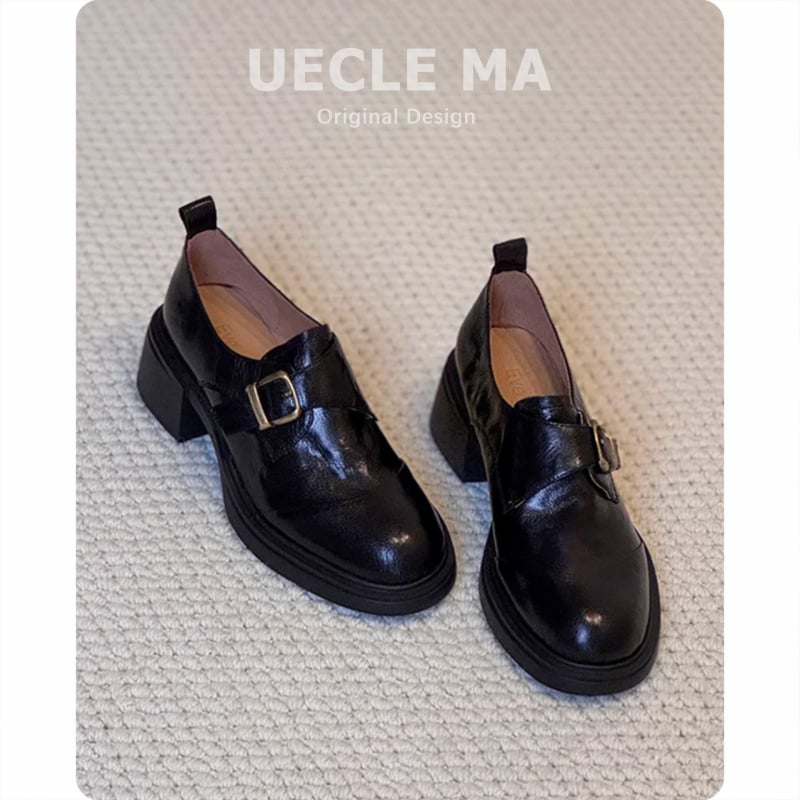 Ženske mokasine – prava koža, zaobljeni vrh prsta, debeli pet 3–5 cm, gumena potplat, korejski stil