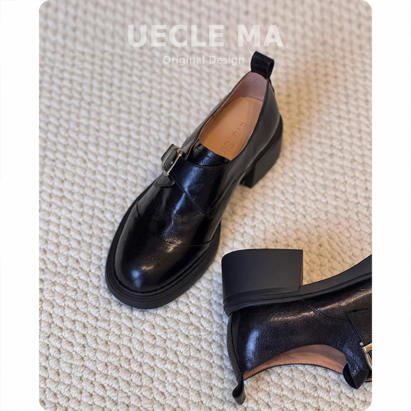 Ženske mokasine – prava koža, zaobljeni vrh prsta, debeli pet 3–5 cm, gumena potplat, korejski stil