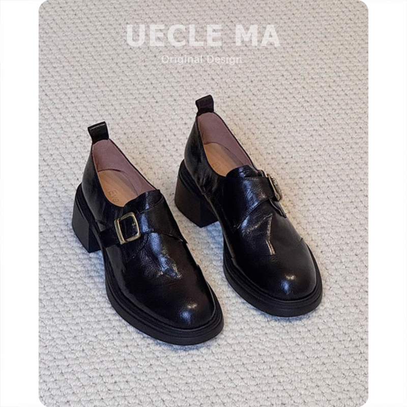 Ženske mokasine – prava koža, zaobljeni vrh prsta, debeli pet 3–5 cm, gumena potplat, korejski stil