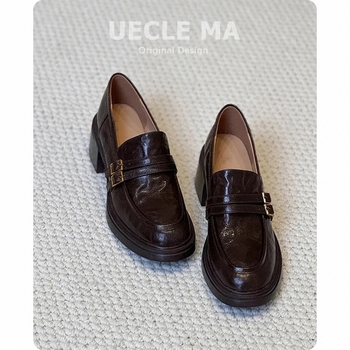Ženske kožne loaferice, zaobljeni vrh, slip-on, debeli 6–8 cm petom, gumeni đon