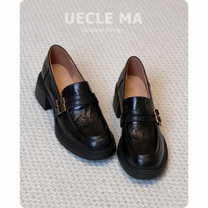 Ženske kožne loaferice, zaobljeni vrh, slip-on, debeli 6–8 cm petom, gumeni đon