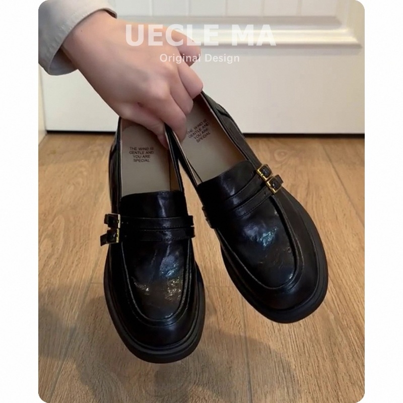 Ženske kožne loaferice, zaobljeni vrh, slip-on, debeli 6–8 cm petom, gumeni đon