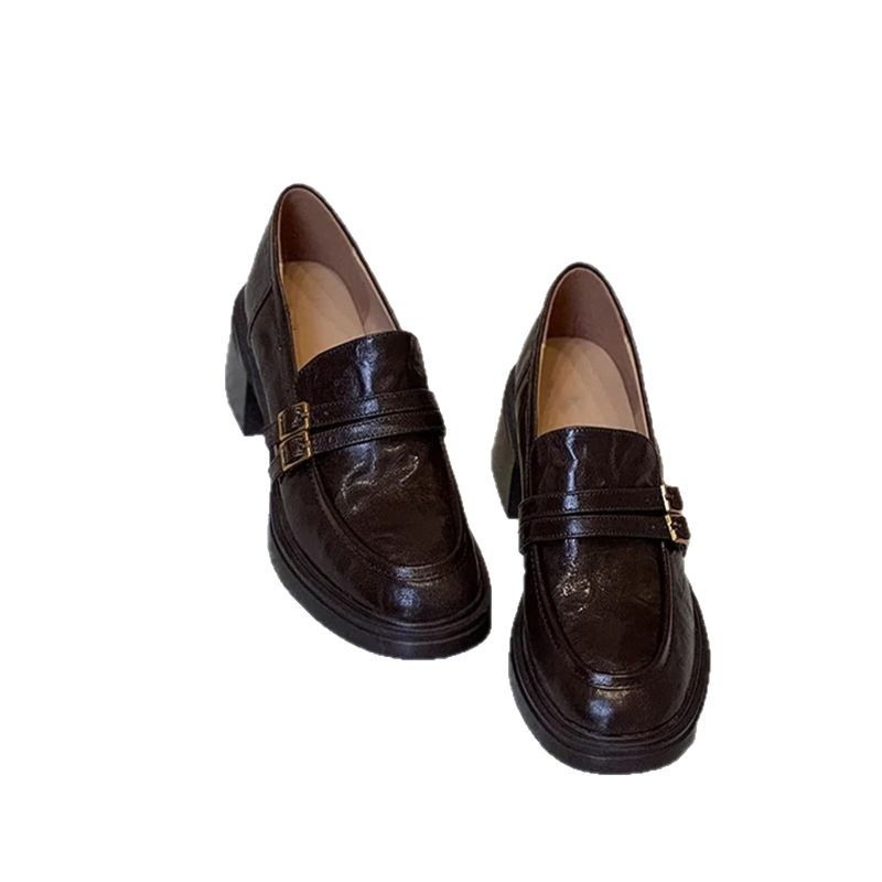 Ženske kožne loaferice, zaobljeni vrh, slip-on, debeli 6–8 cm petom, gumeni đon
