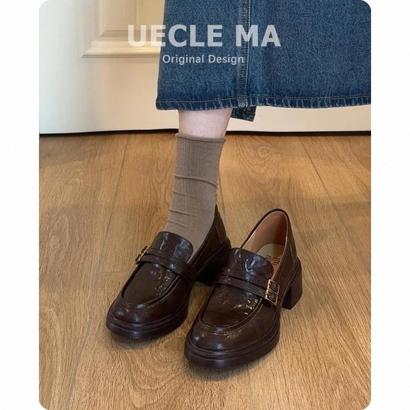 Ženske kožne loaferice, zaobljeni vrh, slip-on, debeli 6–8 cm petom, gumeni đon