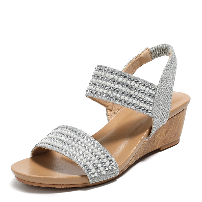 Fragrant Couple Sandale cu toc în stil roman, cu rhinestones pentru femei, vârf rotund, partea superioară din material textil, căptușeală PU, talpă TPE