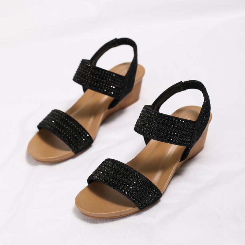 Fragrant Couple Sandale cu toc în stil roman, cu rhinestones pentru femei, vârf rotund, partea superioară din material textil, căptușeală PU, talpă TPE