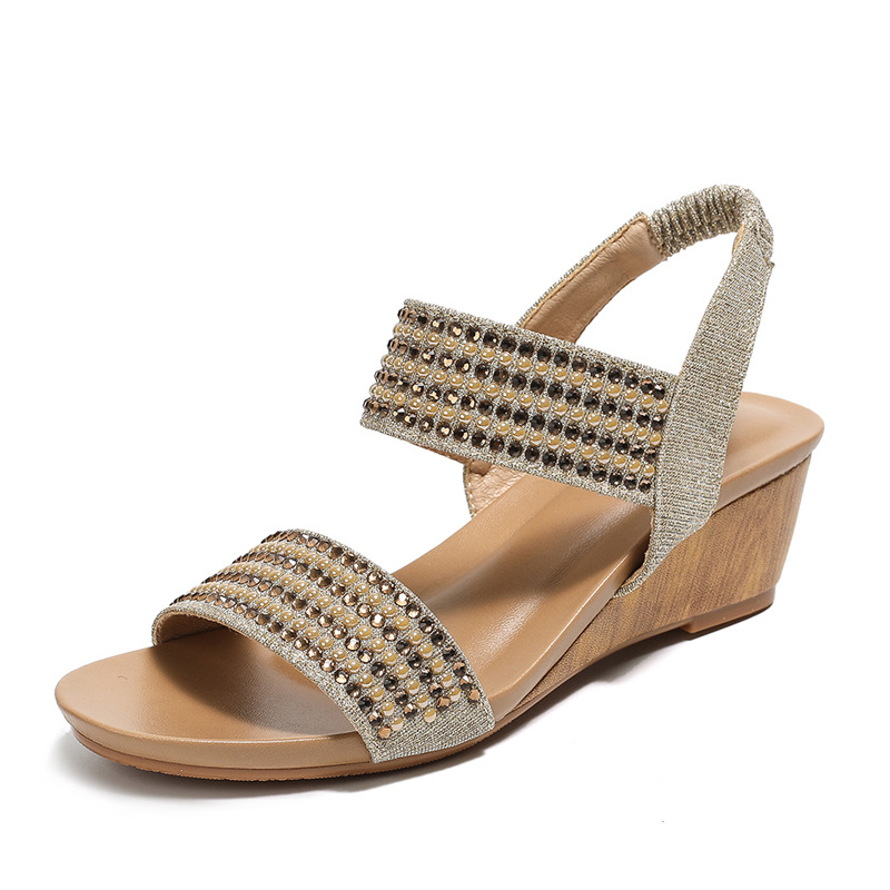 Fragrant Couple Sandale cu toc în stil roman, cu rhinestones pentru femei, vârf rotund, partea superioară din material textil, căptușeală PU, talpă TPE