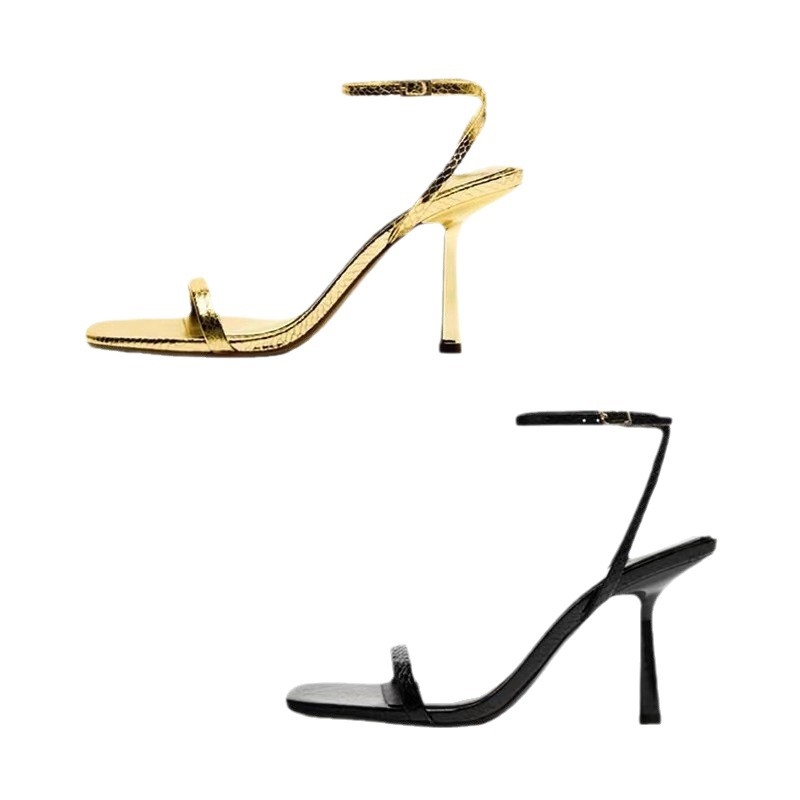 Pántové sandále; štvorcový nos; 6–8 cm tenký podpätok; mikrovláknový horný materiál; PU podrážka