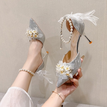 Pantofi de damă cu fundă perlă, vârf ascuțit, toc mediu, cataramă, pantofi de nuntă