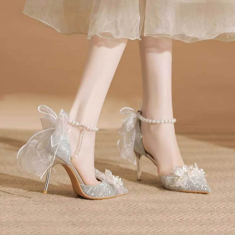 Pantofi de damă cu fundă perlă, vârf ascuțit, toc mediu, cataramă, pantofi de nuntă