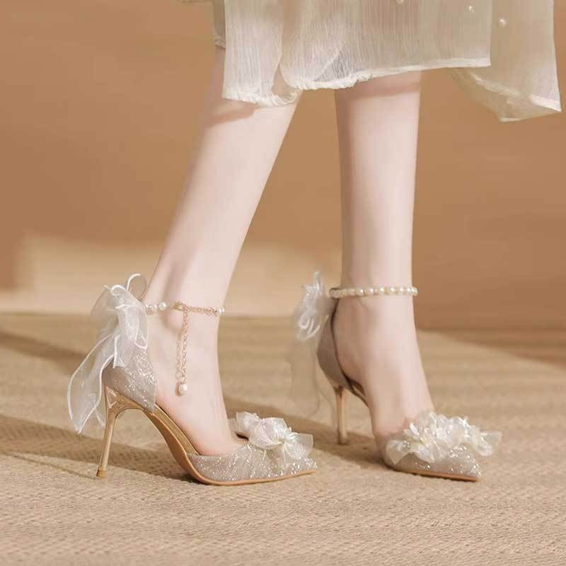 Pantofi de damă cu fundă perlă, vârf ascuțit, toc mediu, cataramă, pantofi de nuntă