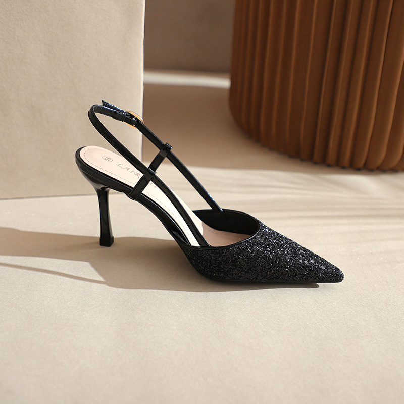 Sandale cu paiete, vârf ascuțit, toc cui 6-8 cm, spate deschis, bretea simplă