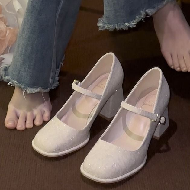 Pantofi Mary Jane pentru nuntă, cataramă, vârf rotund, PU partea superioară, toc gros 3–6 cm, talpă din cauciuc